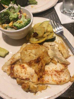 Stuffed flounder with broccoli salad (very good) and grilled zucchini and squash