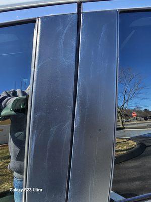 both sides of my car damaged with a white substance at soapy noble east lyme car wash.It does not come off !