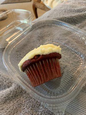 Red velvet cupcake, with cream cheese frosting.