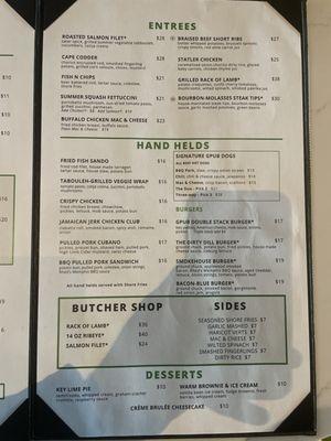 Entree, sandwich, and dessert menu