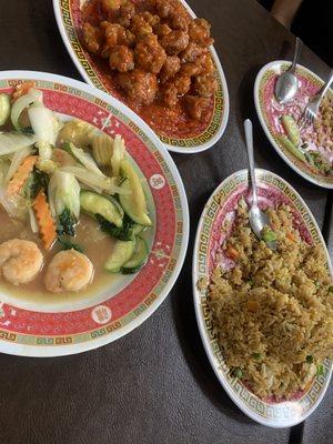 Shrimp w/ mixed vegetables, egg fried rice and orange chicken