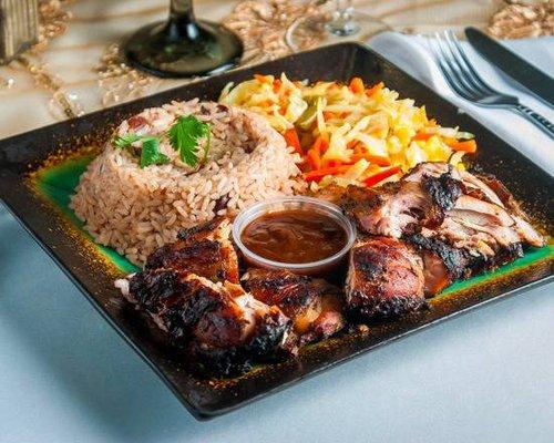 JERK CHICKEN AND RICE AND PEAS