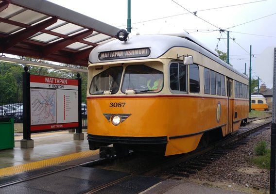 The streetcar, stopped at Mattapan station