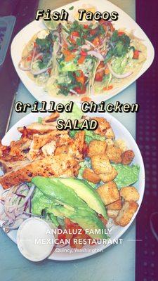 Fish Tacos.              Grilled chicken salad with boiled egg