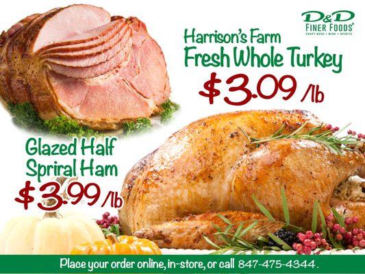 Holiday Meat Specials 2020: Honey glazed spiral ham and Harrison's fresh whole turkeys/turkey breasts.