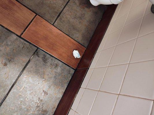 Urine on the floor with toilet tissue