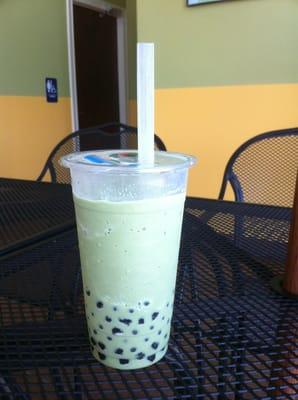 Japanese green tea smoothie with boba and popping lychee. Yummy!!!