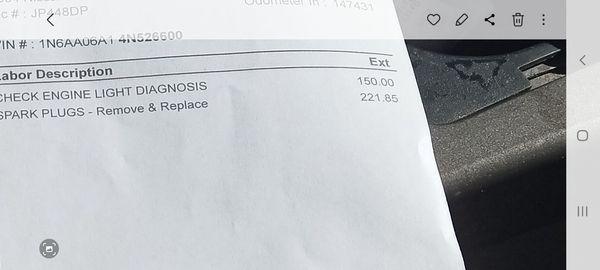 Showing diagnostics charge $ 150 Dollars added to labor of 221.85