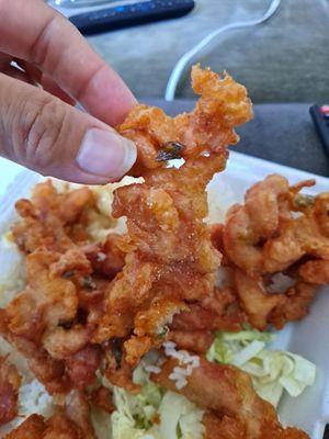 Chicken pieces, lots of chicken pieces, floured batter, I don't even think that's mochiko batter.