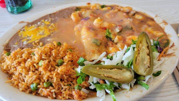 #10, Two shrimp enchiladas, hold the sour cream and guac.