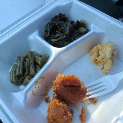 Greens, green beans, Mac & cheese and Yams