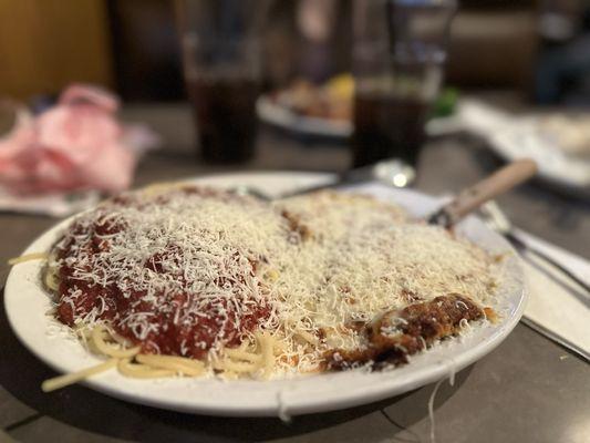 Classic Chicken Parmigiano with meat sauce spaghetti