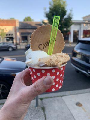 Medium Cup-Mascarpone Gelato (left) and Dulce De Leche (right)