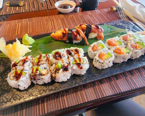 Eel & Avocado Roll, Spicy Tuna & Avocado Roll, Eel Nigiri. YUMMY!