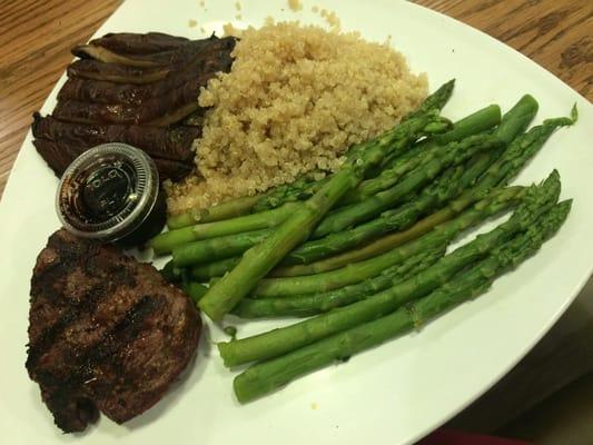 Custom meal: filet mignon, asparagus, portobello mushroom, and quinoa- with balsamic reduction