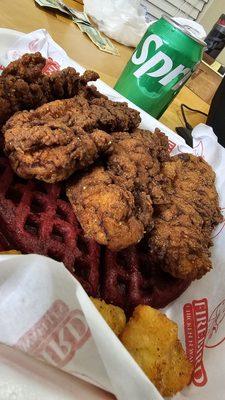 The Oak Cliff Special. Red Velvet Waffle, 4 Hot Honey Tenders, Fries, & Drink.