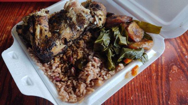 Small jerk chicken plate with rice and beans, collards, and plantains [from another angle]. Great stuff.