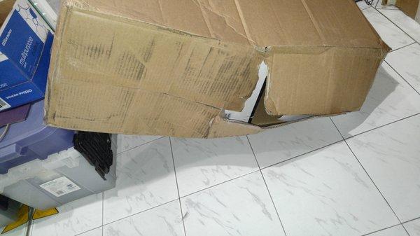 Package was complety mishandled. The box was torn in half