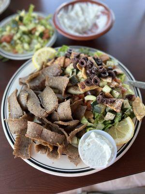 Fattoush salad with gyro - so good! (Fattoush has fried pita bread. Tastes like pita chips)