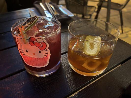 Hello Kitty cocktail and Old Fashioned