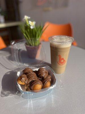 Nutella donuts. Iced coffee with foam