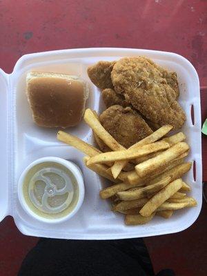 Chicken Strips, Gravy, Fries & a roll