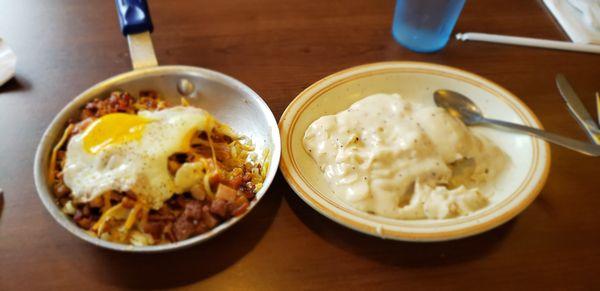 Meat lovers skillet with biscuits and gravy