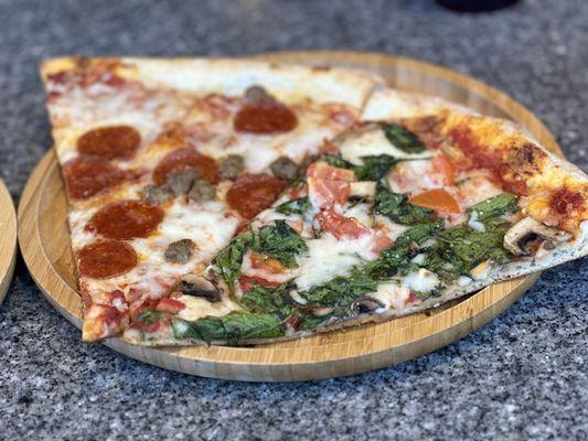 Pepperoni/sausage pizza & spinach/mushrooms pizza