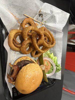 The classic burger with onion rings