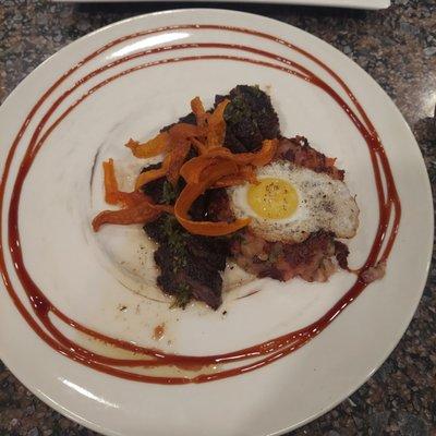 Hangar Steak w/ root vegetables and potato hash