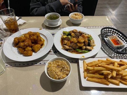 Honey Chicken, Fried Rice, Miso Soup, French Fries, and Chicken, Shrimp, and Steak Hibachi