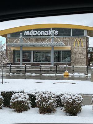 Front of the building, looks amazing with the snow.