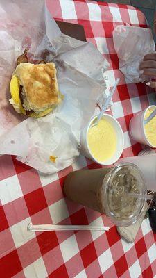 Bacon Egg and Cheese Biscuit, SM Cheese Grits, Iced Coffee