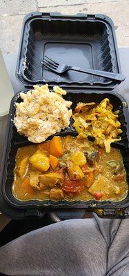 Mac n "cheese", coconut curry cabbage & curry "chicken"