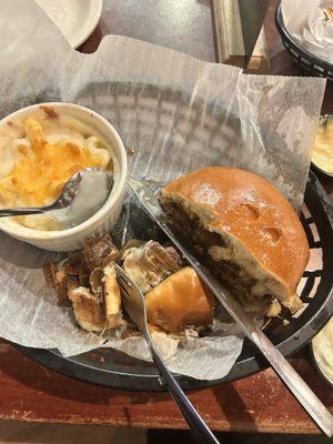 French onion burger with mac & cheese