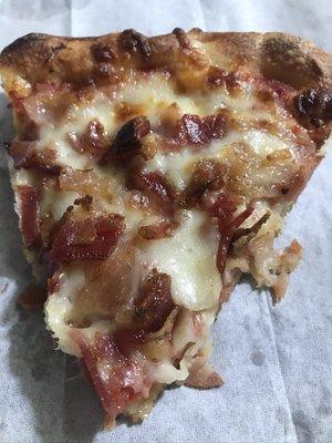 Cheese pizza with bacon. Delish!