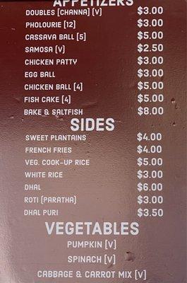 Menu with prices