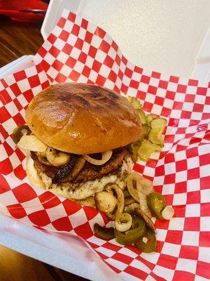 Mushroom Oaxaca cheese Burger, Grilled onions and jalapeños