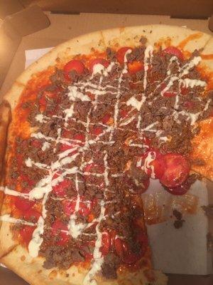 Got taco pizza- 1- they barely put any beef on it- 2. Put slides tomatoes instead of diced- 3- basically we just paid $16 for the bread part