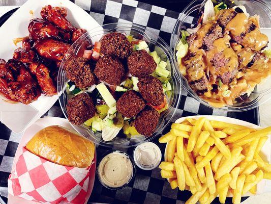 Falafel plate burger and wings