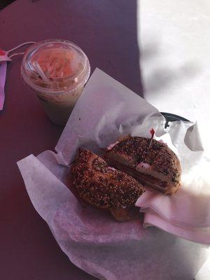 Iced Chai Latte and Breakfast Bagel with bacon, cream cheese, and veggies! So good!!