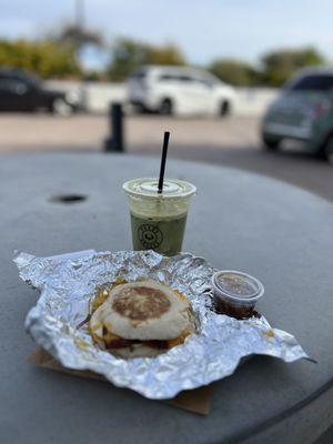 breakfast sandwich, matcha latte