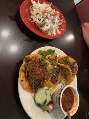 Tacos de Birria and tostada de pollo.