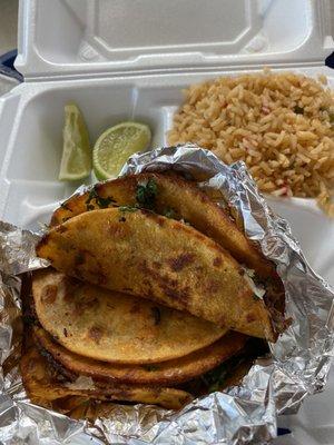 Birria Tacos and rice