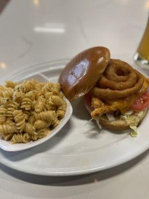 BBQ Chicken sandwich with macaroni and cheese side