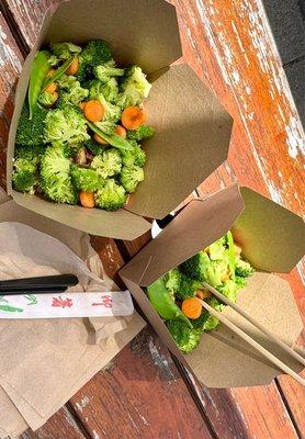 Steamed Vegetables, Grilled Seasoned Dark meat Chicken, over cooked Brown Rice.