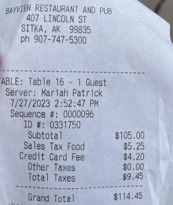 Receipt with tax and fees information