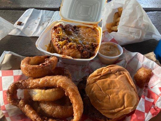 Chili cheese dog, onion rings, crinkle fries, double hamburger