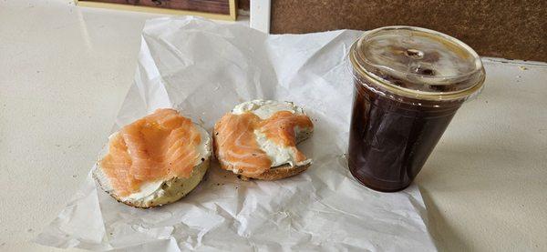 Everything bagel with extra cream cheese and lox.  In addition a americano