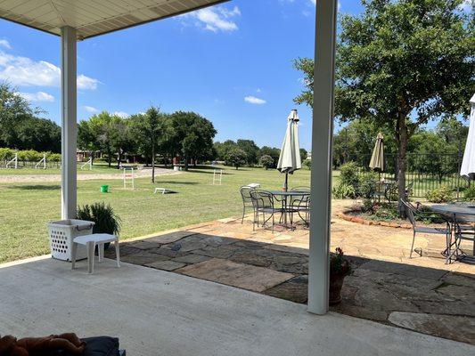 Outdoor sitting area with a lovely view and games to play as well!